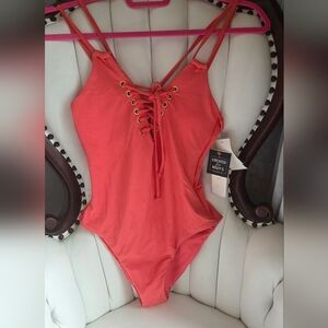 Hula Honey Coral-Orange Ribbed Lace-Up One-Piece Swimsuit